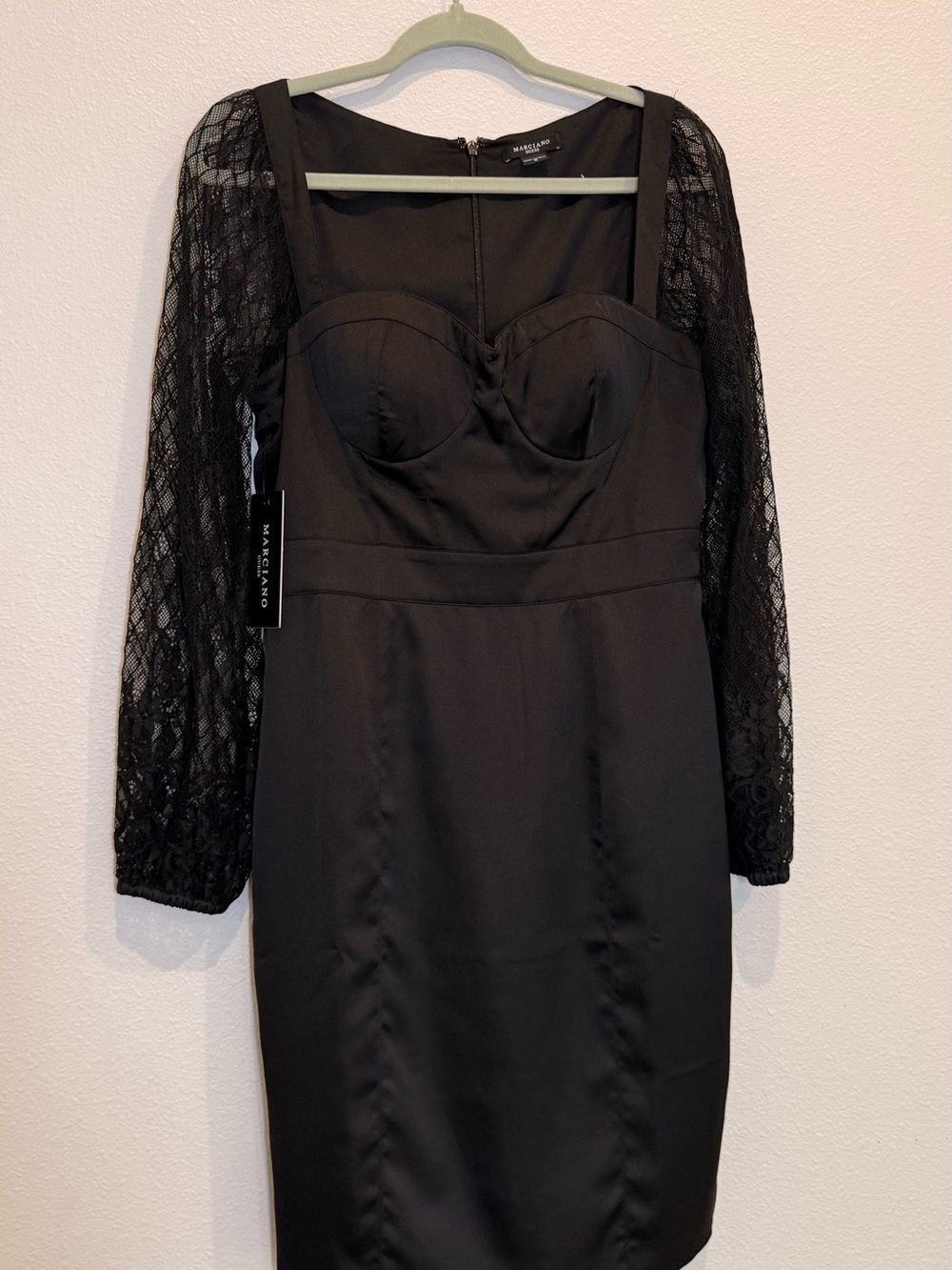 Marciano Black Lace-Sleeve Sweetheart Bust Mini Dress